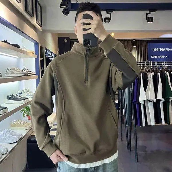 半拉链卫衣男款春秋冬季装2024新款潮流男士加绒加厚立领外套上衣
