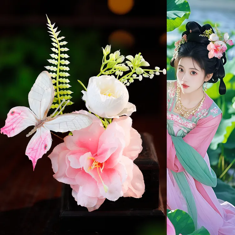 古风汉服头饰绢花发饰粉色花朵发夹女古风头花夹子古装发卡仿真花