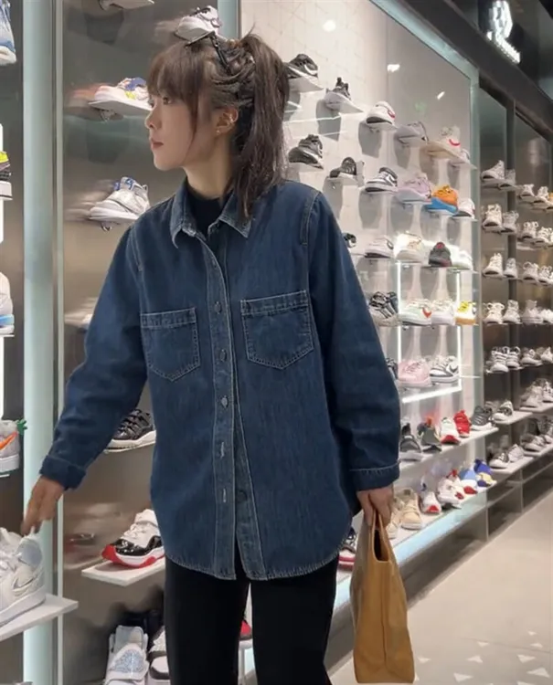 砂洗牛仔外套衬衫女长袖春秋新款中长款宽松休闲打底外穿衬衣女装