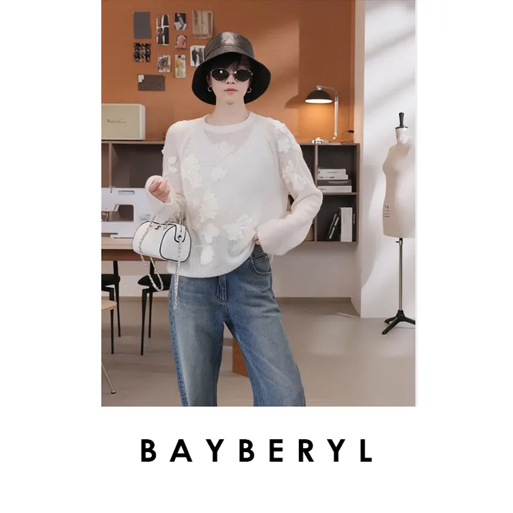 BAYBERYL老贝温柔白立体花朵丝羊绒圆领秋针织衫9ZZS5H0924-8/10