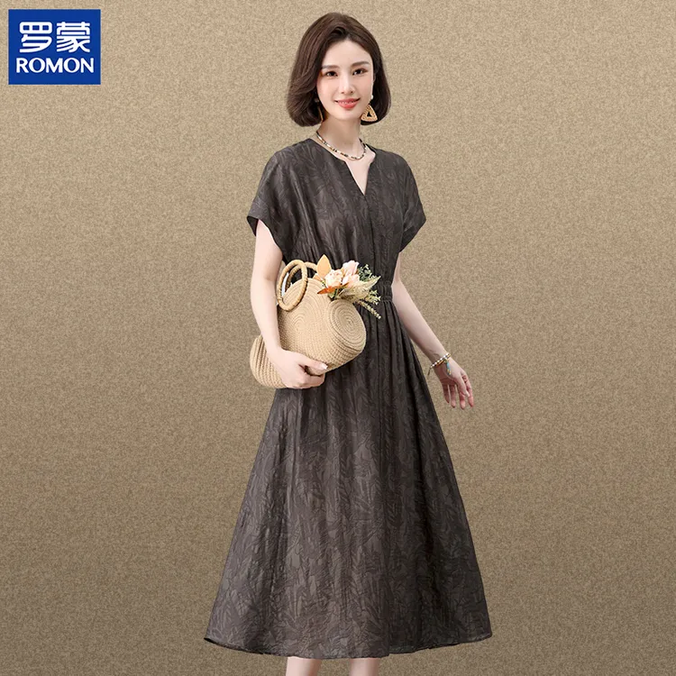 罗蒙品牌妈妈装夏装提花连衣裙新款收腰过膝长裙中老年女宽松裙子
