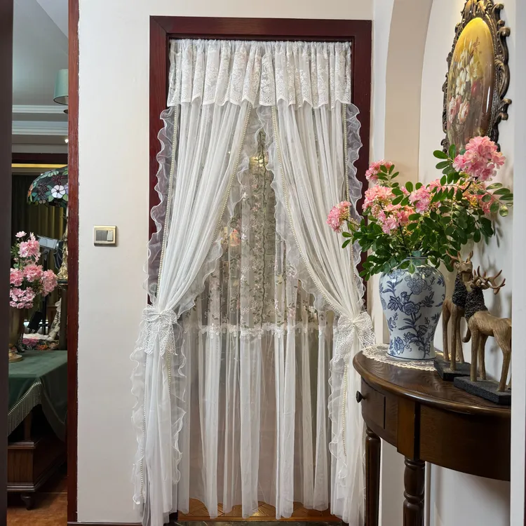 素纱萦梦双层轻奢质感法式蕾丝门帘免打孔阳台遮阳防尘隔断帘