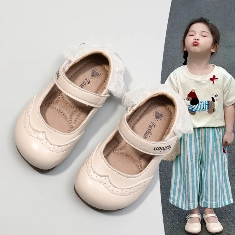 女童小皮鞋2025春秋小女孩蕾丝边洛丽塔公主鞋魔术贴女童鞋子