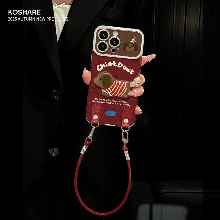 波点小狗适用苹果17华为vivo/oppo小米iPhone16大视窗贴皮手机壳