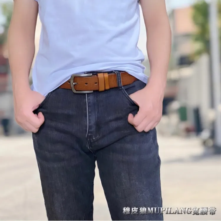 新品上市男女通用皮带合金针扣头真牛皮高档宽腰带头层牛皮穆皮狼