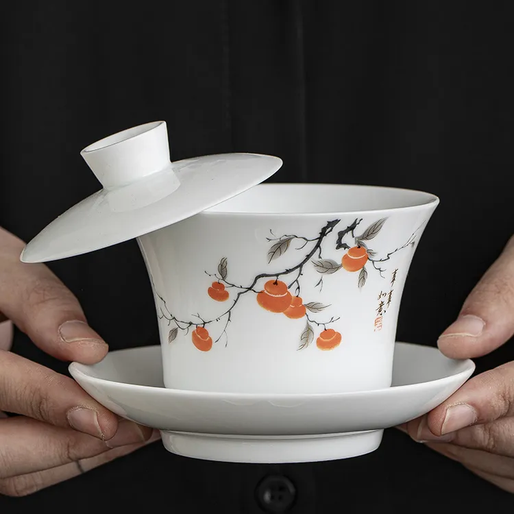 白瓷悬停三才盖碗单个泡茶碗不烫手功夫茶具高档汝窑家用陶瓷茶杯