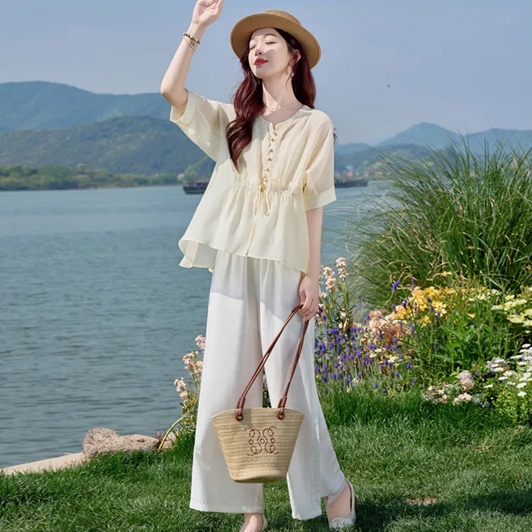时尚松弛感套装女2025夏季新款温柔气质宽松遮肚小衫阔腿裤三件套