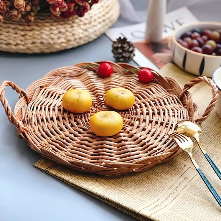 手工藤编双耳托盘面包点心筐家用零食收纳篮