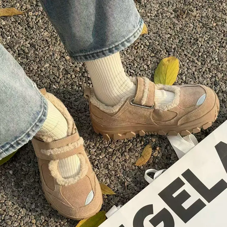 诗歌兰棉鞋女2025年冬新款真皮魔术贴松糕底圆头厚底加绒玛丽珍鞋