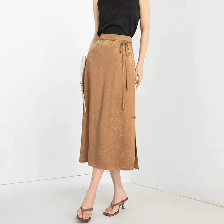 新中式国风半身裙女2024夏季提花高腰a字开叉包臀裙中长款