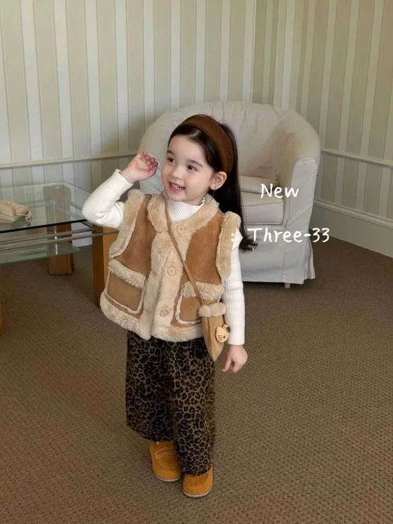女童豹纹公主风马甲韩版单排扣加厚保暖冬季坎肩外套