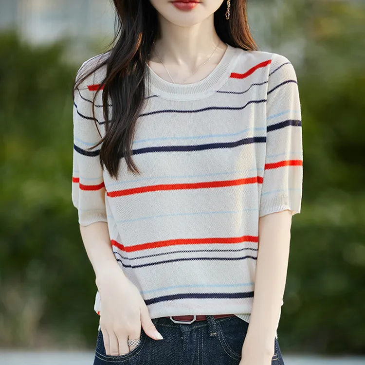 大码女装夏装微胖mm冰丝针织衫女士短袖t恤遮肚子巨显瘦条纹上衣