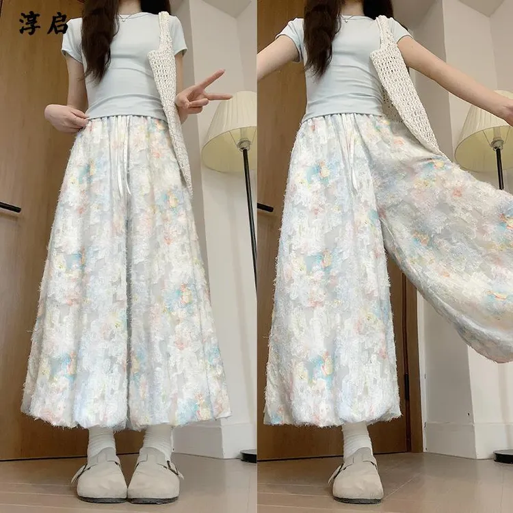 淳启碎花蕾丝花苞裙裤夏季小众设计感灯笼裤法式花园休闲阔腿裤女