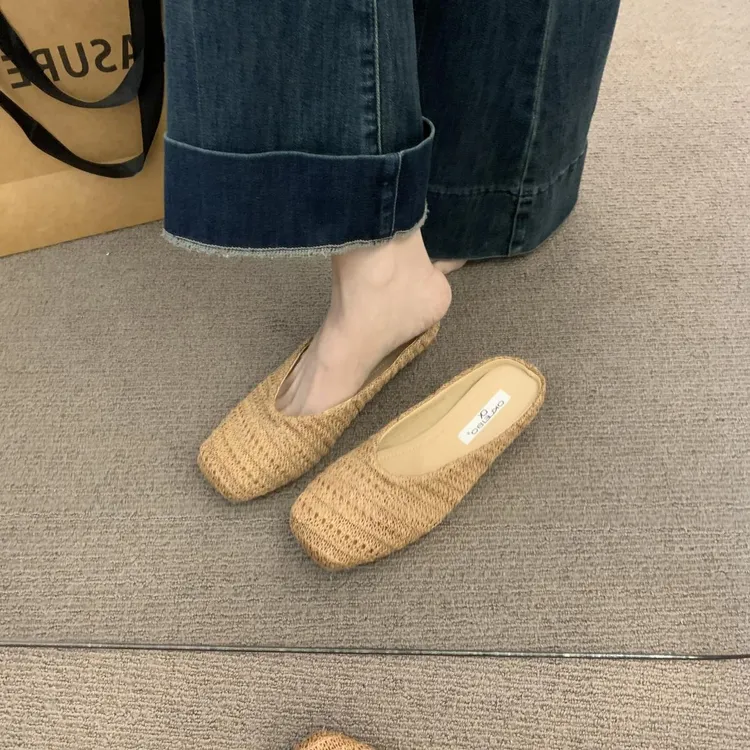 波西米亚风编织包头半拖鞋女夏外穿一脚蹬软底穆勒鞋镂空透气凉拖