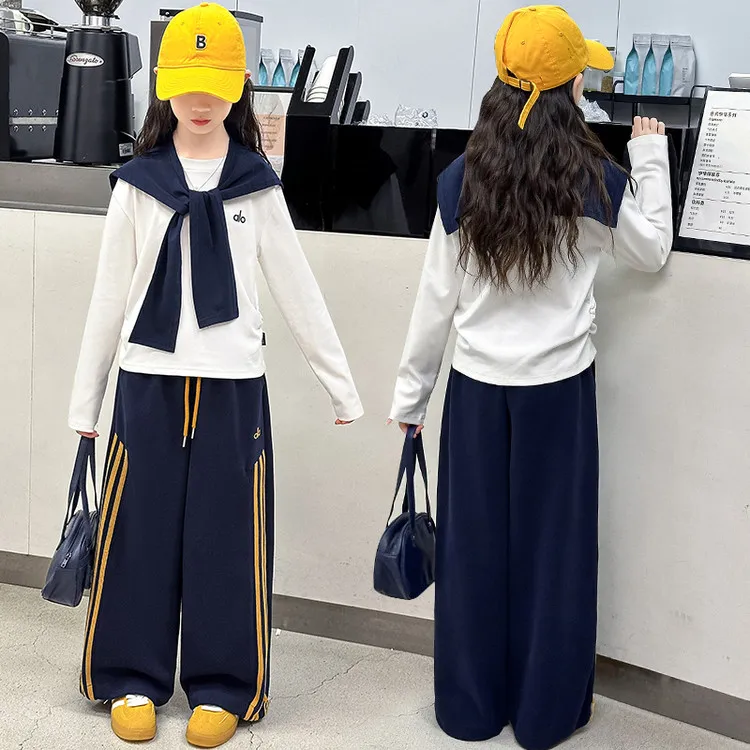 女童网红套装春秋季新款中大童披肩t恤阔腿裤两件套儿童休闲衣服
