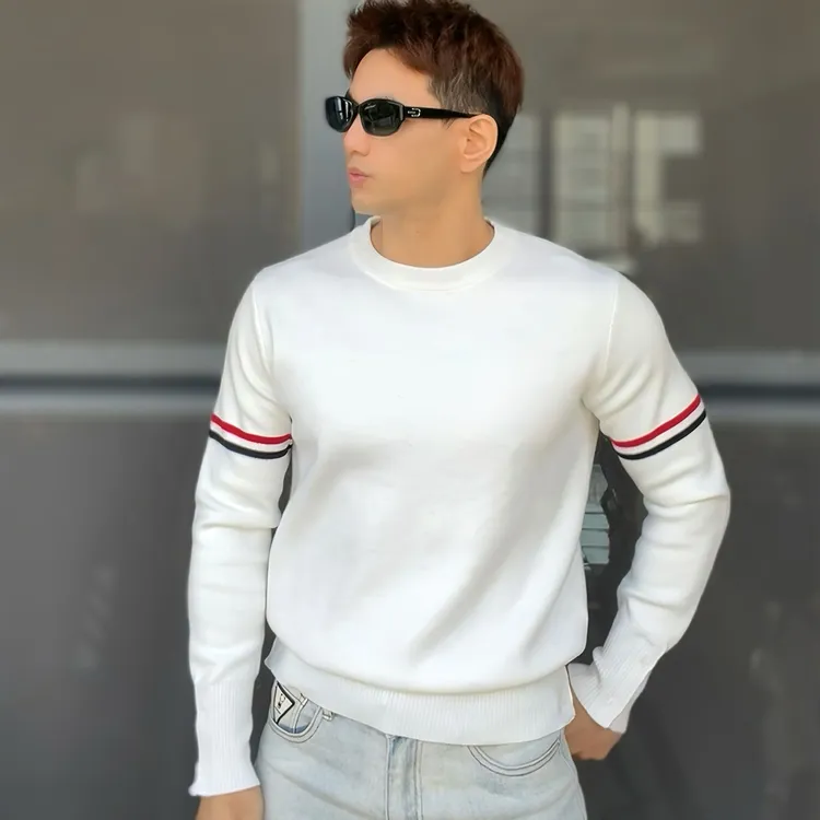 羊毛衫厚款百搭轻奢衫时尚修身条纹打底衫潮流男士圆领休闲秋冬