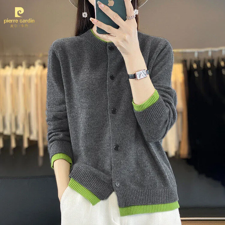 皮尔卡丹秋冬女款时尚针织打底衫爆款洋气百搭条纹慵懒风减龄轻奢