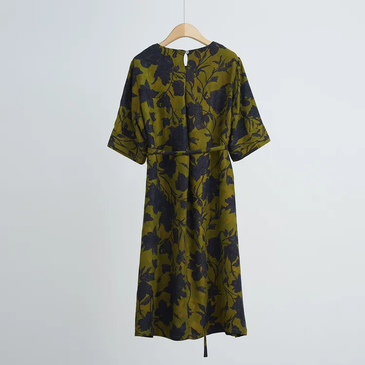 被追着问链接~中袖直筒裙系带收腰植物印花文艺复古气质连衣裙女 