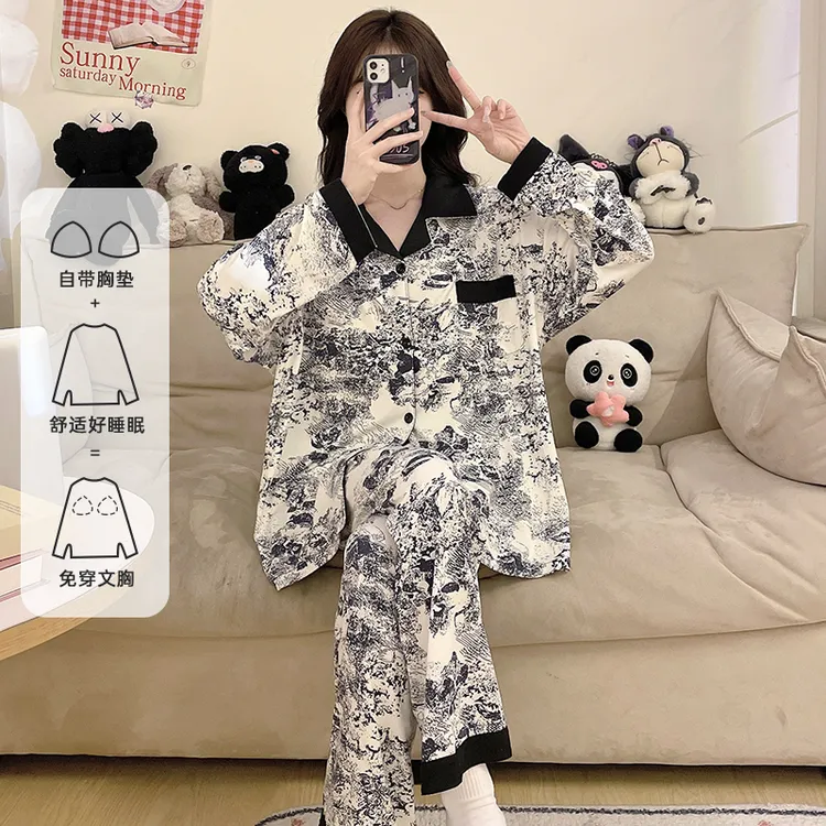 带胸垫睡衣女士春秋冬季绵柔长袖水墨国风开衫外穿家居服两件套装