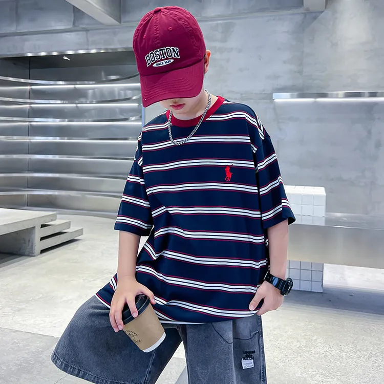 儿童装男童夏装条纹短袖T恤2025新款夏季中大童洋气夏款男孩上衣t
