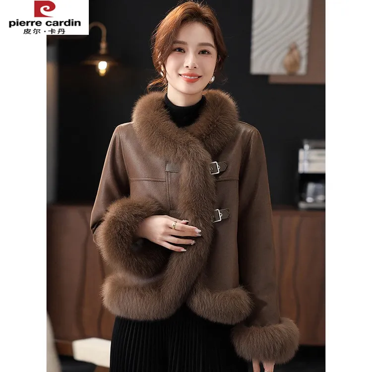 皮尔卡丹冬季毛领保暖羽绒服中古风高级感环保皮草大衣女气质百搭