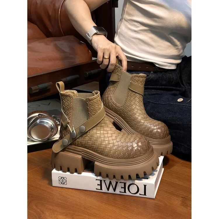 欧货高端编织大头松糕厚底马丁靴女2025新款小个子增高切尔西短靴