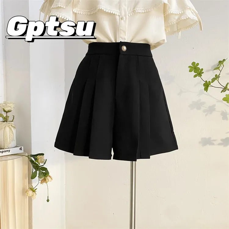 GPTSu黑色百褶裙裤女西装短裤高腰a字阔腿裤显瘦百搭防走光裤裙潮