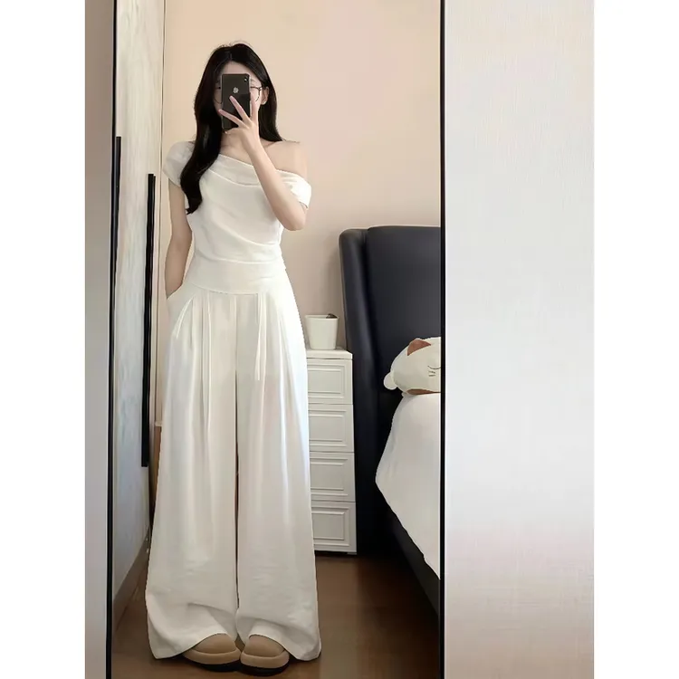 高级感御姐风套装女夏季斜领露肩修身短袖上衣高腰宽松显瘦长裤子