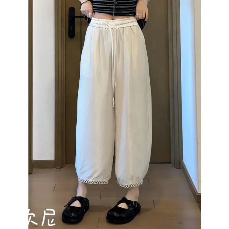 欧尼私服 2025夏松紧腰垂感 薄款宽松慵懒直筒醋酸休闲裤 显瘦 高