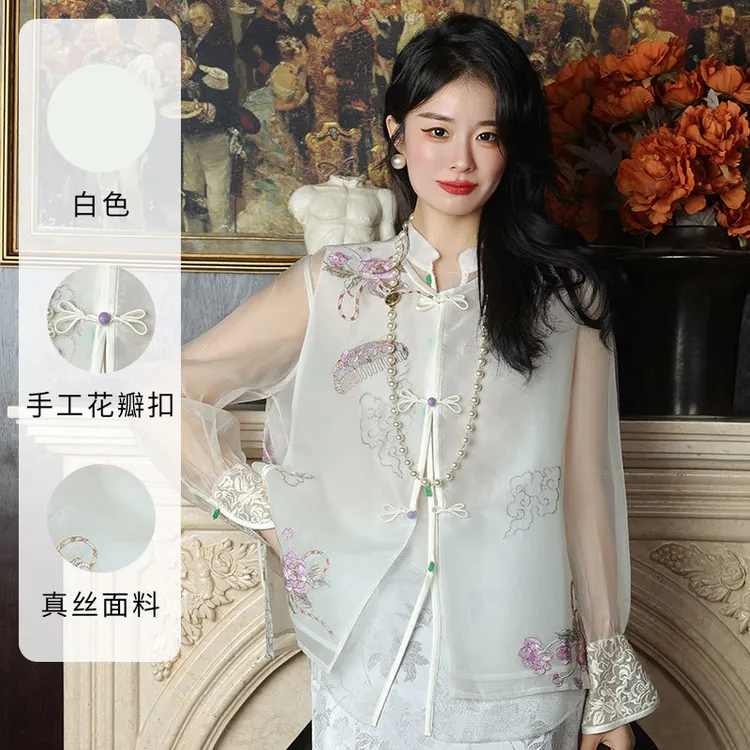 2025年春季新款新中式白色桑蚕丝女士马甲国风时尚坎肩
