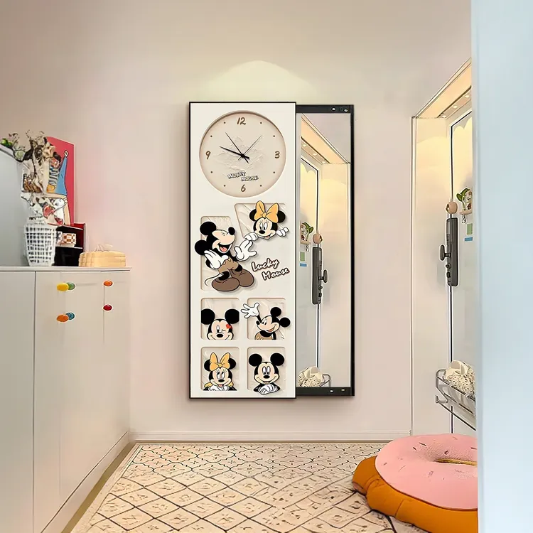 包安装-米奇奶油隐形全身镜推拉带时钟挂钟镜子试衣镜壁挂穿衣镜