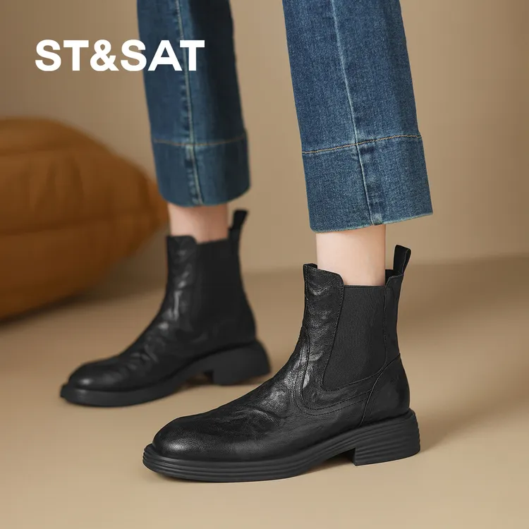 St&Sat/星期六欧美复古瘦瘦靴秋冬新款加绒圆头切尔西百搭小短靴