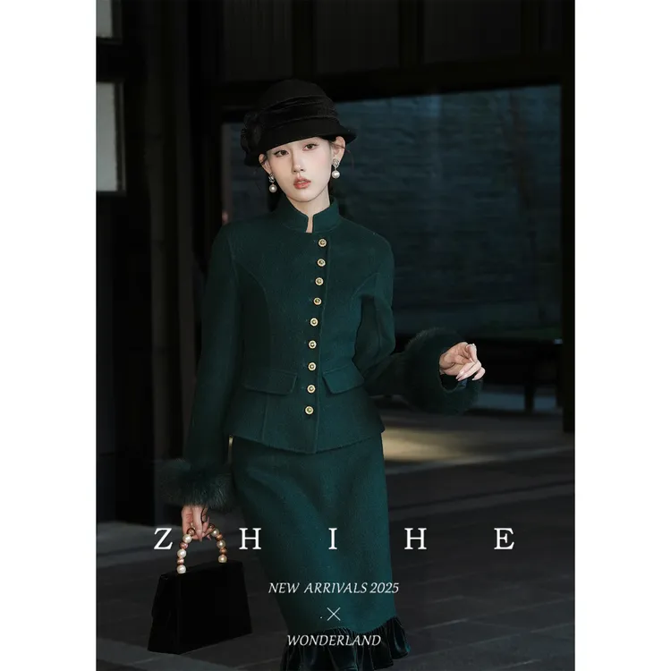 无艳一禾【静初】手工坊-100绵羊毛双面呢收腰大衣+半裙