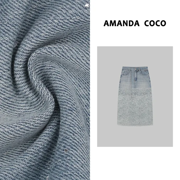 2025春夏高定烫钻牛仔裙拼接提花蕾丝时髦半裙百搭气质优雅半身裙