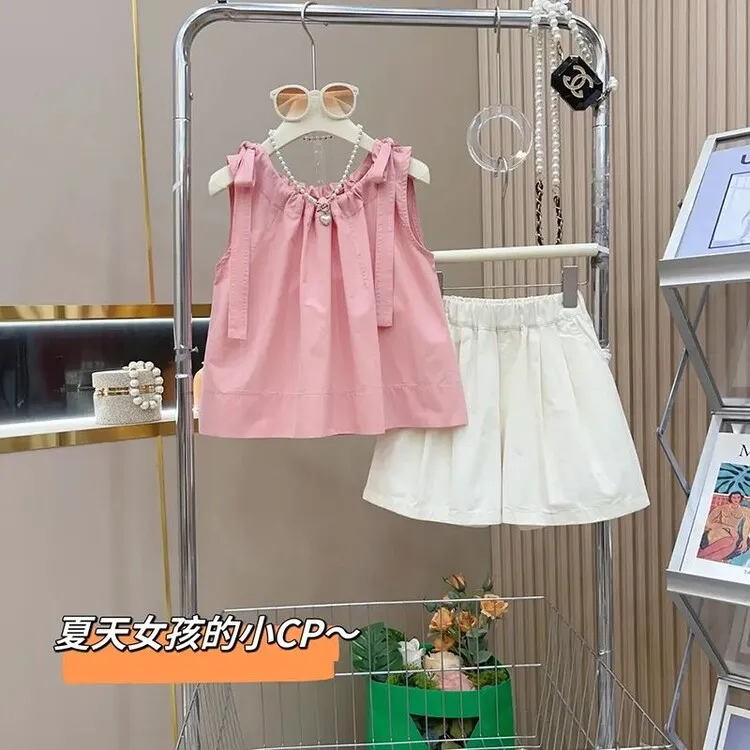 小女孩夏季套装2025新款洋气衣服中大童夏装无袖背心短裤两件套潮