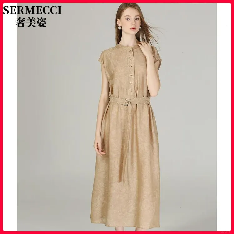 品牌夏款圆领绑带新中式文艺风轻奢提花缩褶收腰盖袖连衣裙女