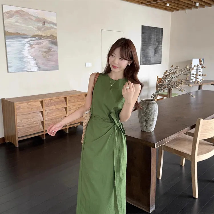 显瘦气质夏季法式收腰设计感复古小众拼接绿色开叉长裙女装连衣裙