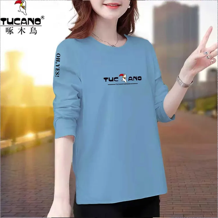 啄木鸟纯棉高档长袖t恤春秋圆领女士秋衣洋气小衫妈妈打底衫上衣