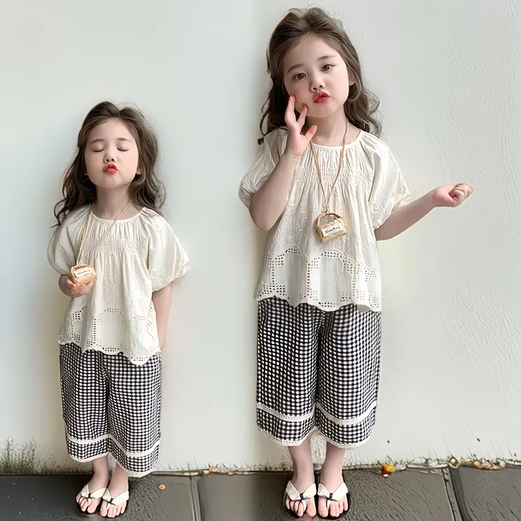 女童套装童装夏季儿童女孩休闲宽松韩版阔腿透气长裤短袖简约清新