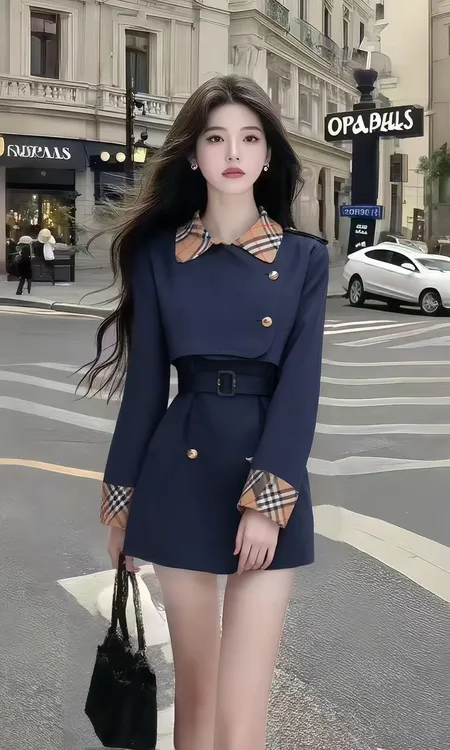 简约休闲风深蓝色长袖收腰翻领上衣+高腰百搭半身裙女显瘦两件套