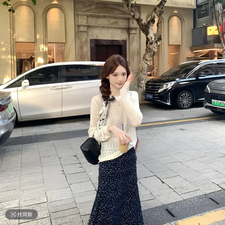 2025秋季绝美漂亮套装裙女交叉镂空防晒针织罩衫碎花半身裙两件套