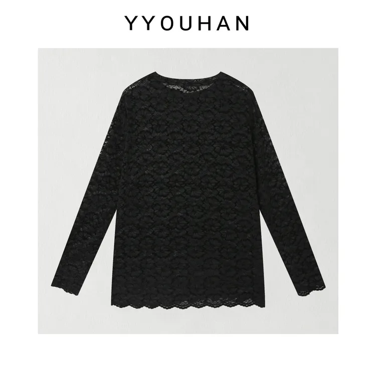 月月 年货定制新款小众设计极简风满花镂空蕾丝长袖衫 2512C8871