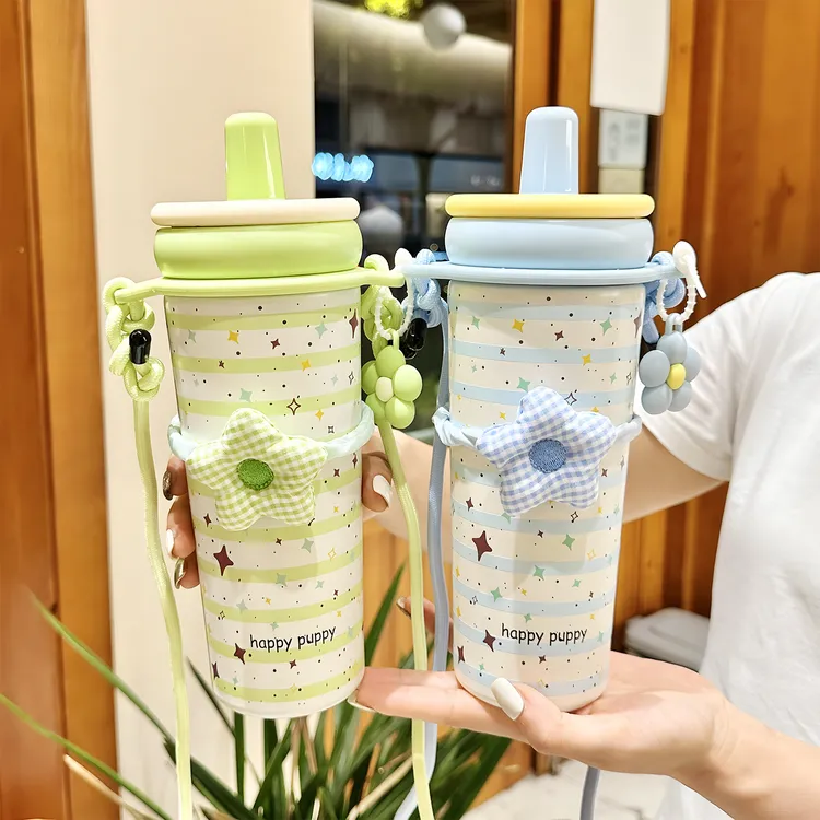 加厚吸管保温杯办公室高颜值女生316不锈钢陶瓷便携带背带可爱水