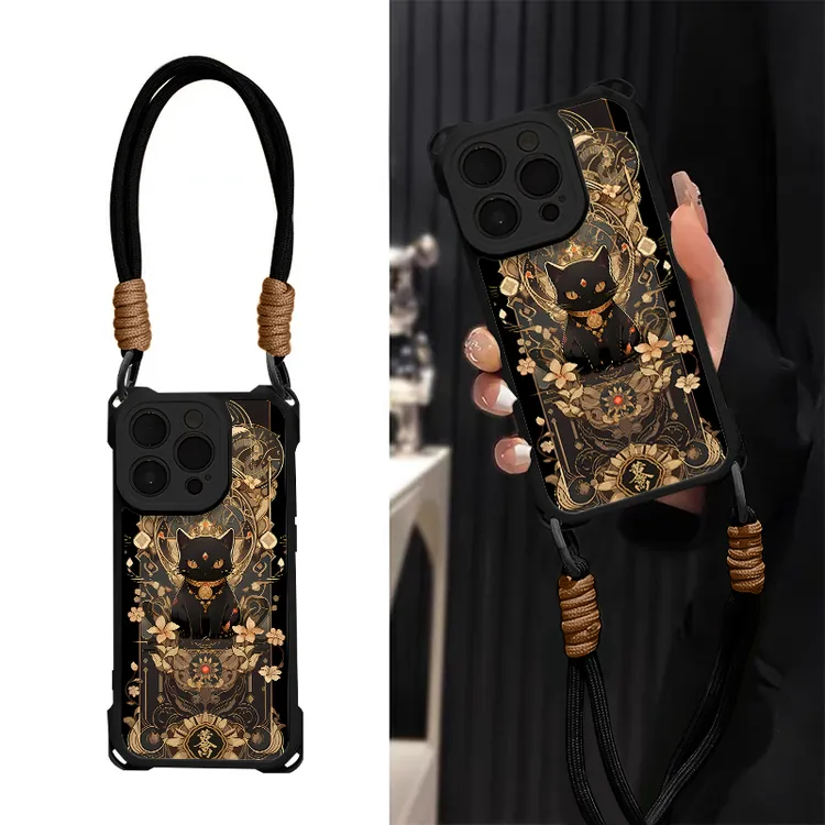 招财黑猫四角防摔羊皮壳适用苹果17华为vivo小米oppo挂绳手机壳套