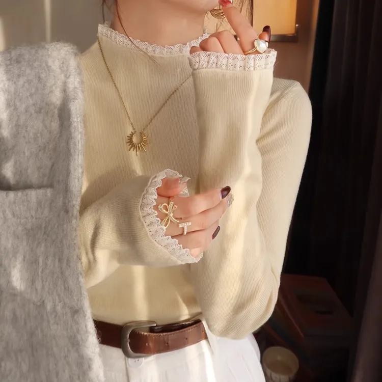 黄色蕾丝半高领打底衫女内搭2025秋冬新款高级感毛衣外穿针织上衣