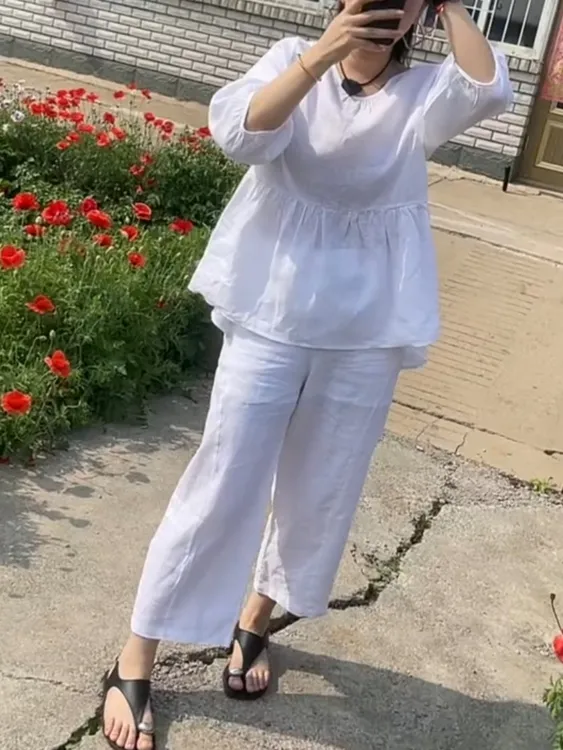 女森说夏季新款薄款亚麻休闲套装宽松娃娃衫直筒裤显瘦透气两件套