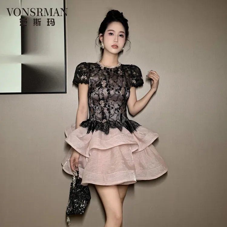 欧洲站2025巨好看的连衣裙女夏季蕾丝拼接气质收腰蓬蓬裙生日礼服