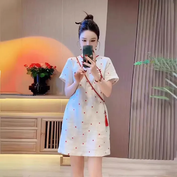 XZOXZO新中式国风白色印花连衣裙女旗袍改良少女裙子遮肉显瘦短裙