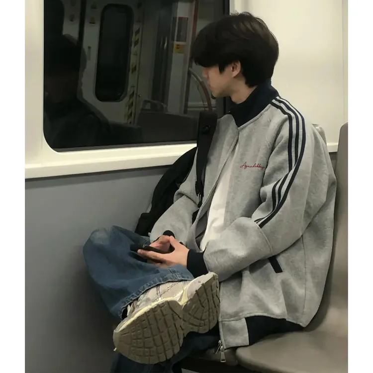 美式艺术字母印花立领三条杠开衫外套男女秋冬季休闲宽松情侣卫衣