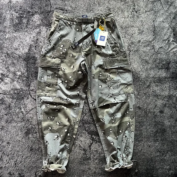 美式复古水洗做旧多口袋宽松可调裤脚工装裤纯棉休灰迷彩长裤男潮